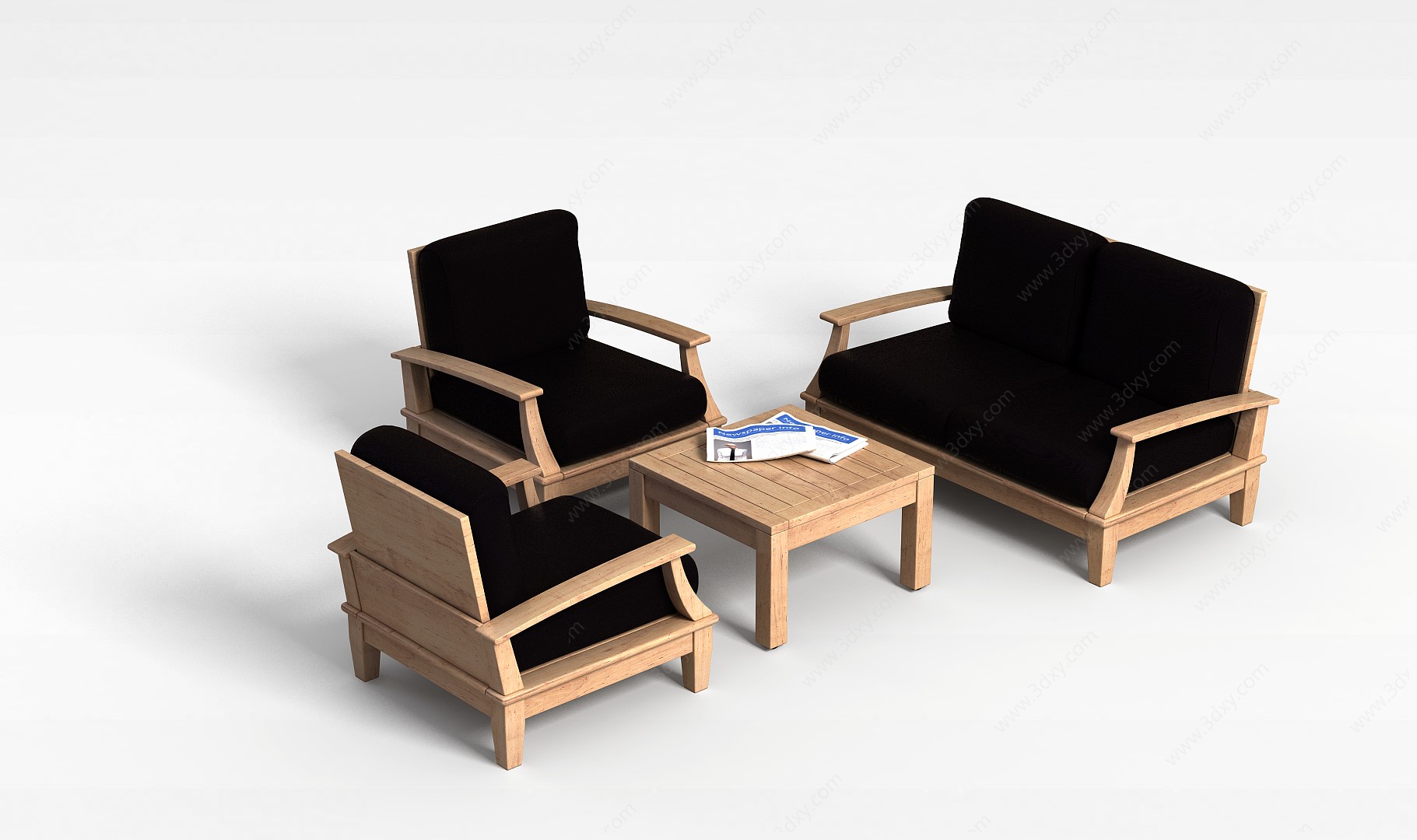 中式简约木质桌椅组合3D模型