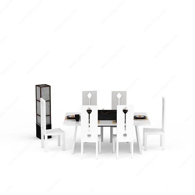 现代白色实木餐桌椅3D模型