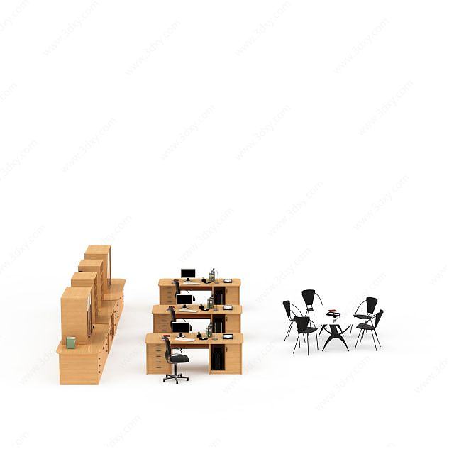 办公室实木桌椅3D模型