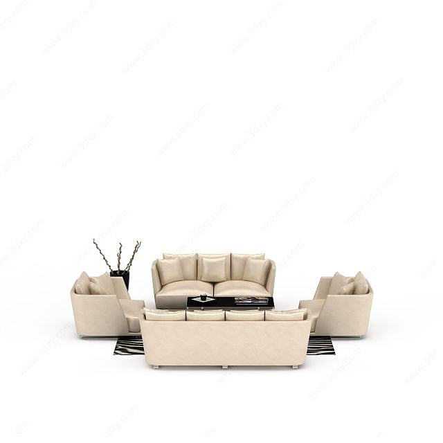 现代米黄色沙发茶几组合3D模型
