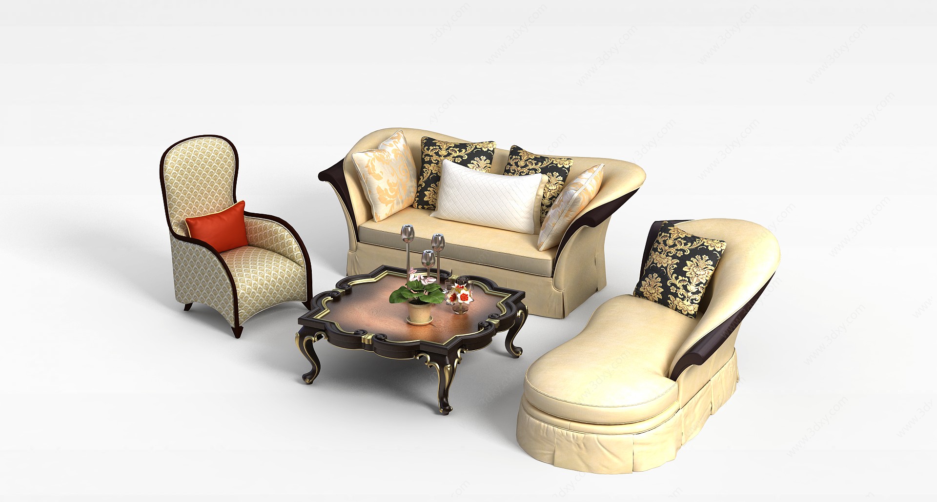 欧式真皮沙发茶几组合3D模型