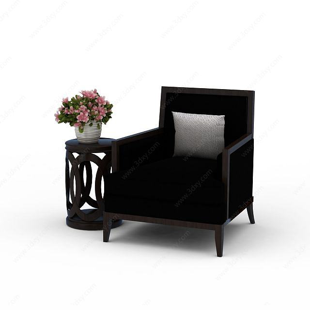 精美实木单人沙发椅茶几组合3D模型