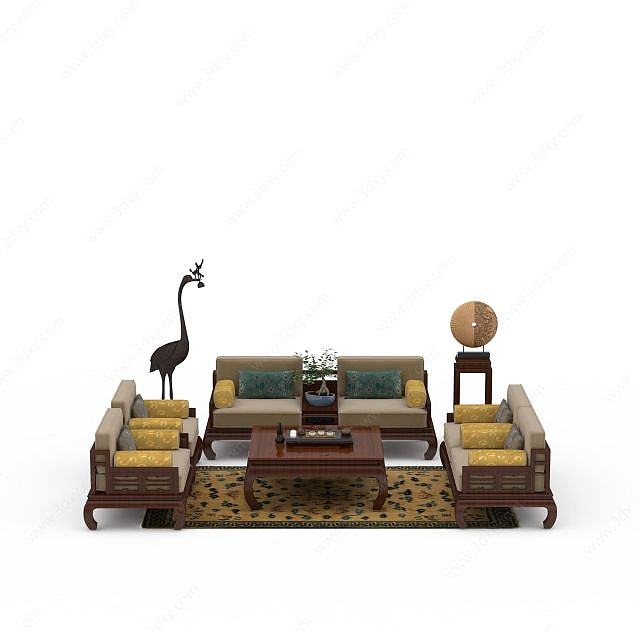 中式客厅沙发茶几3D模型