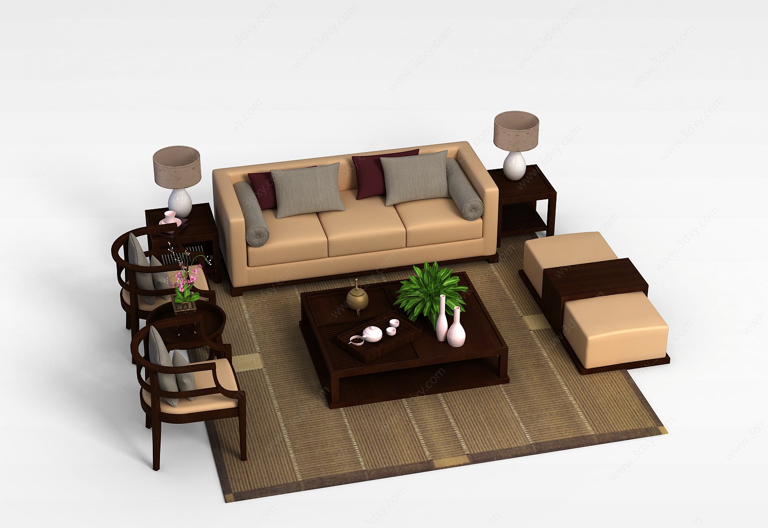 中式休闲沙发组合3D模型