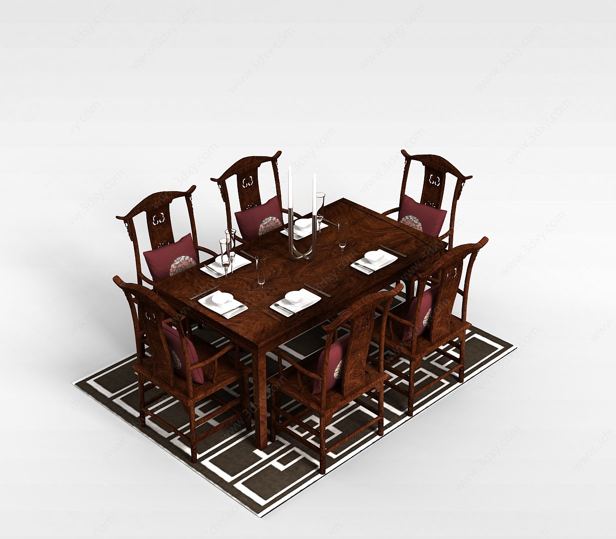 中式复古餐厅桌椅3D模型