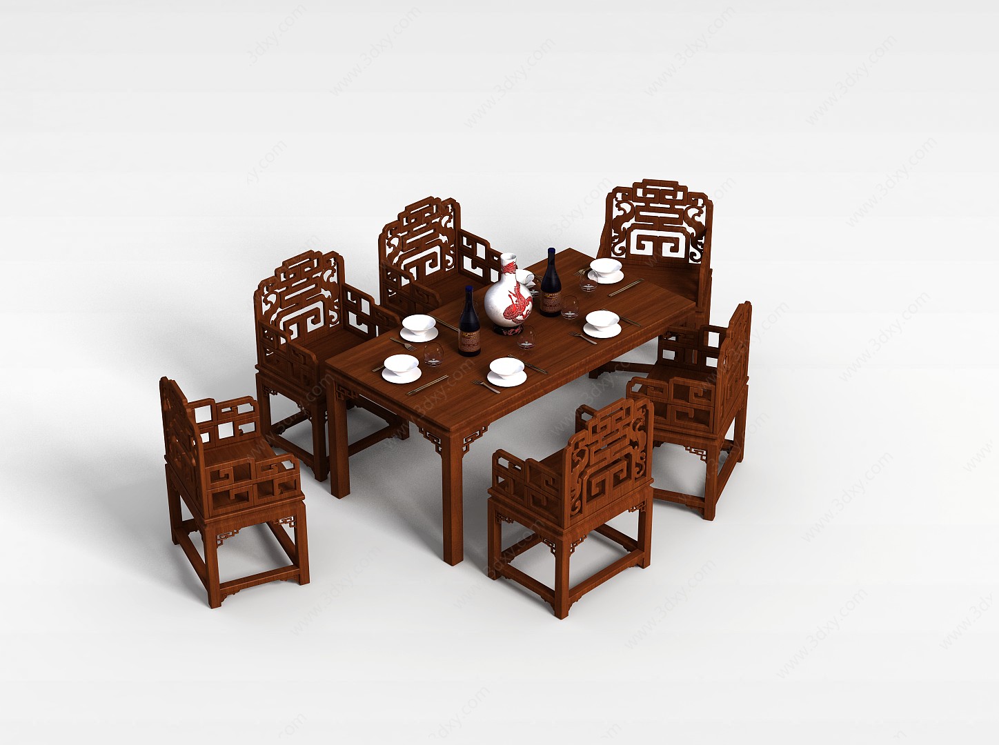 中式复古餐桌组合3D模型