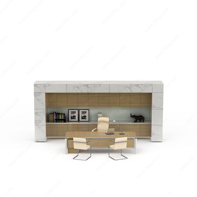 时尚大型实木书柜办公桌椅组合3D模型