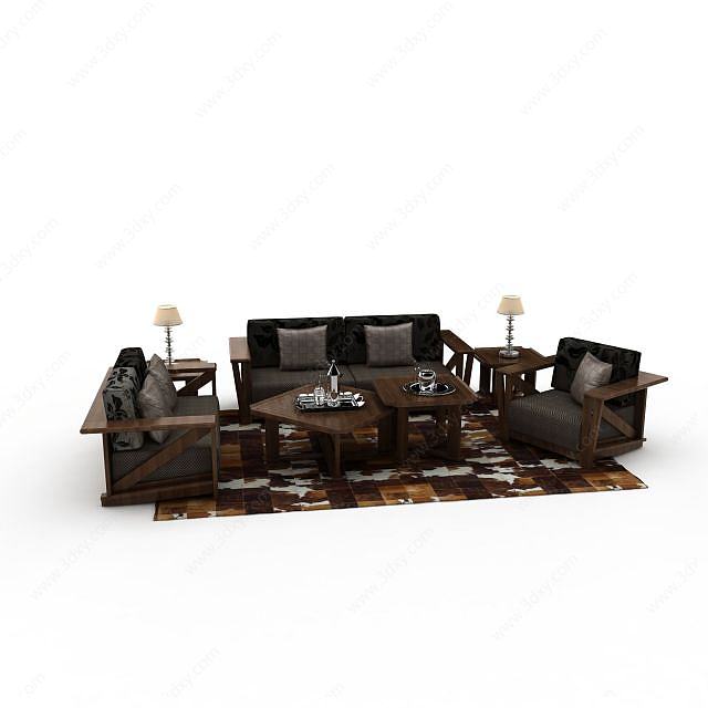 中式实木沙发组合3D模型
