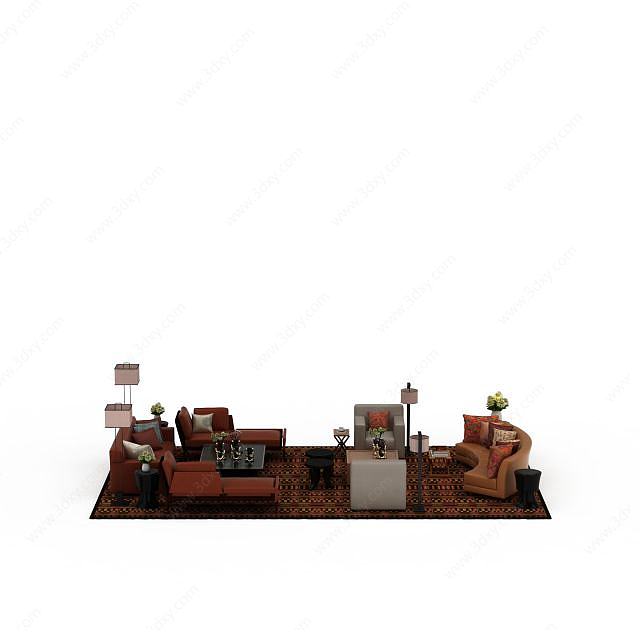 真皮沙发茶几组合3D模型