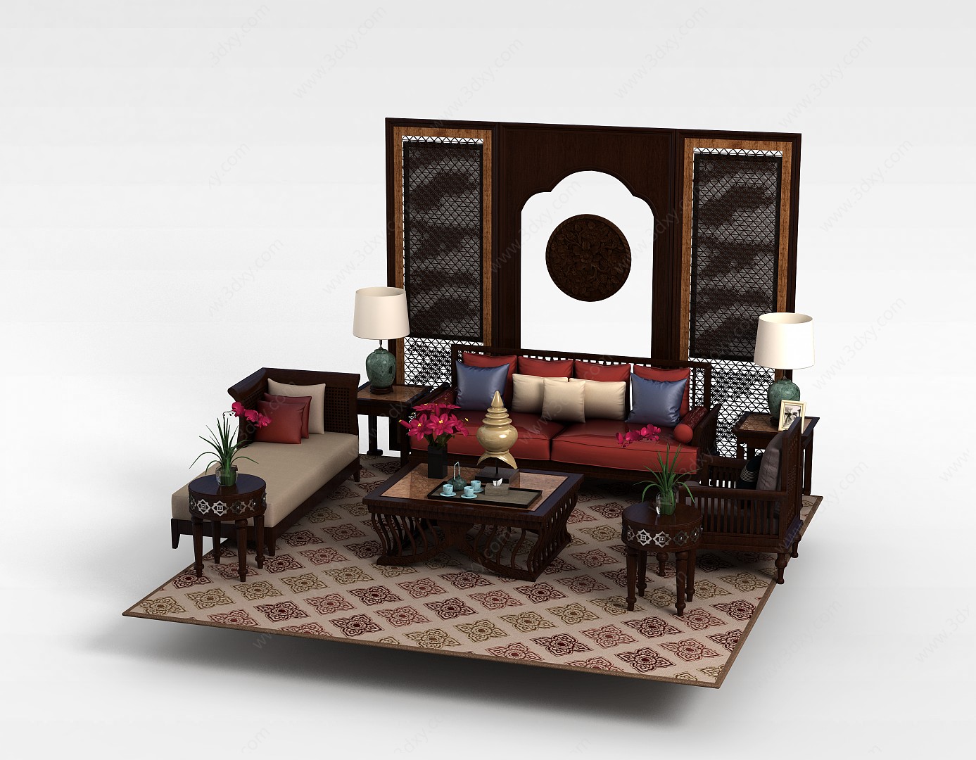 中式风格沙发茶几组合3D模型