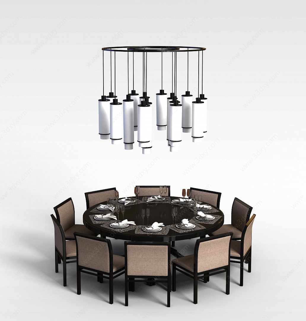 新中式餐厅桌椅组合3D模型