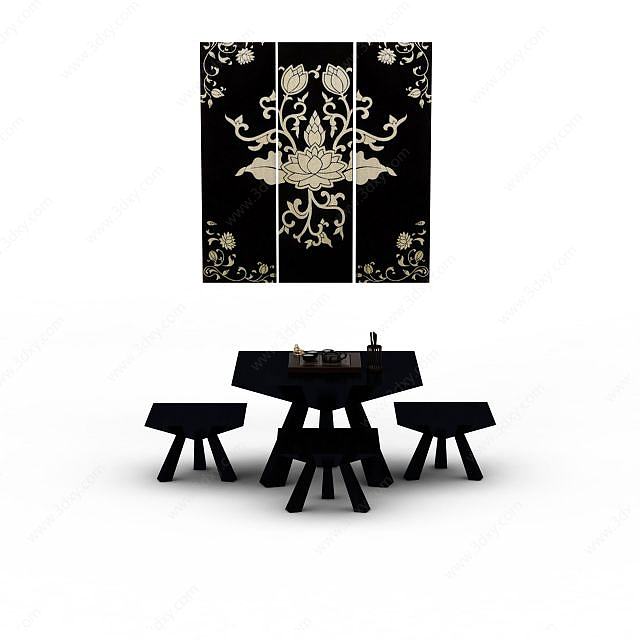 精美黑色中式桌椅套装3D模型