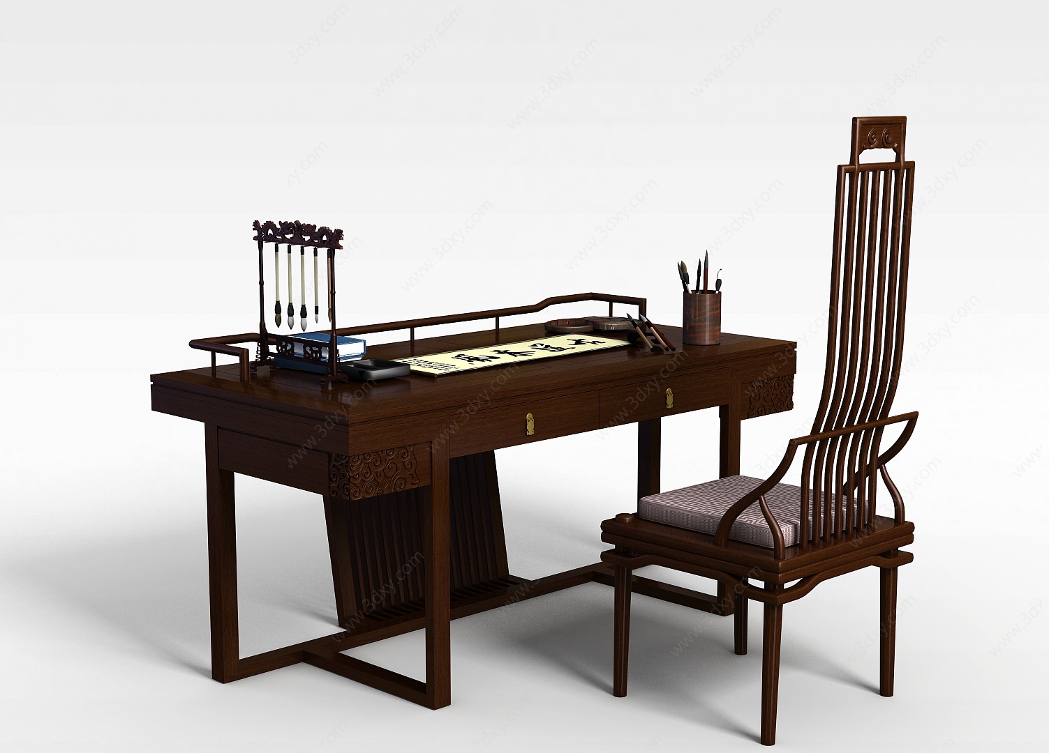书房中式桌椅组合3D模型
