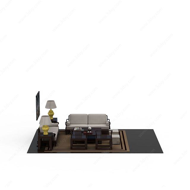 中式风格沙发茶几组合3D模型