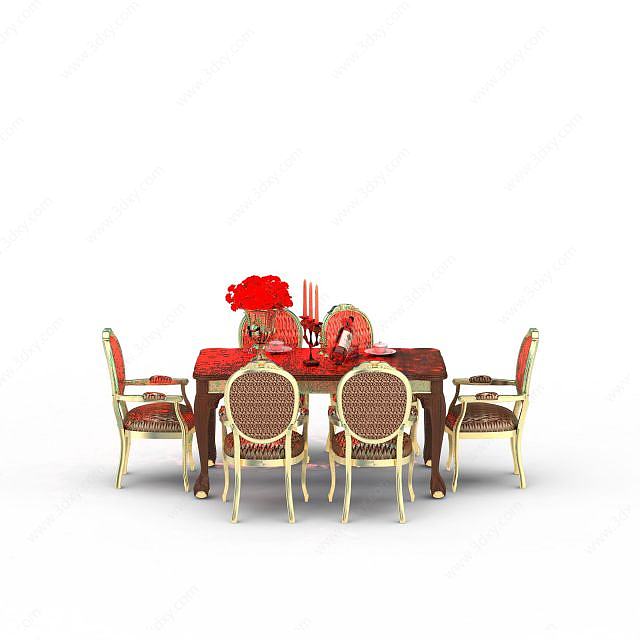红色多人餐桌3D模型