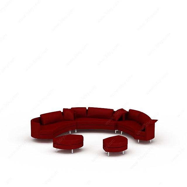 红色半圆形沙发3D模型