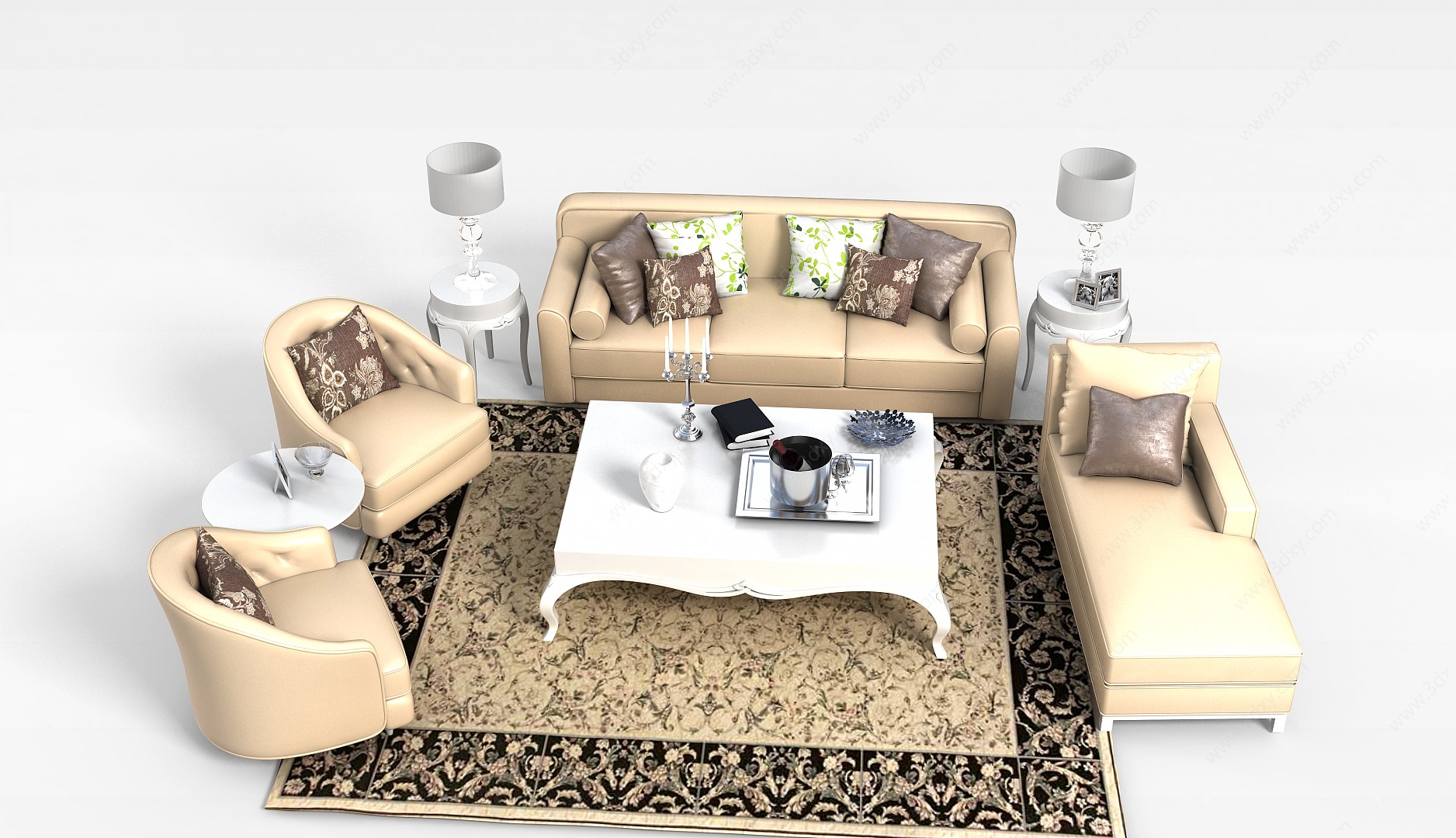 会客美式软包沙发茶几组合3D模型