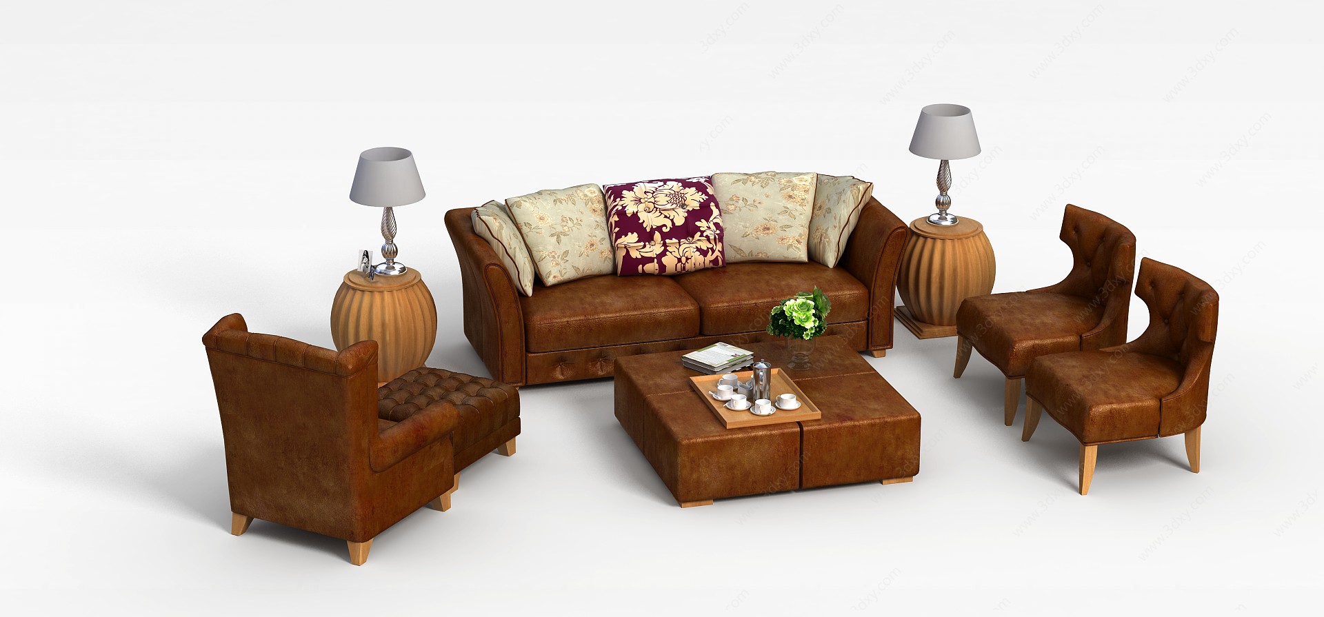 高档皮革沙发茶几脚凳套装3D模型