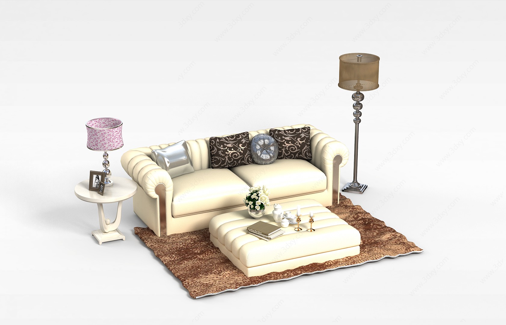 精美米色皮制沙发茶几组合3D模型
