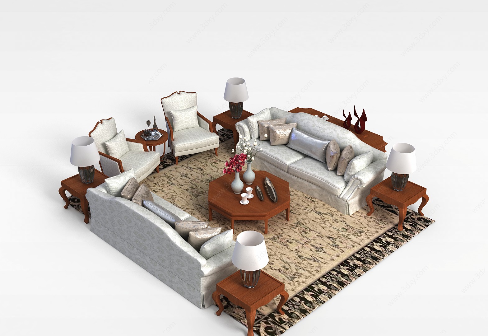 欧式银色沙发茶几组合3D模型