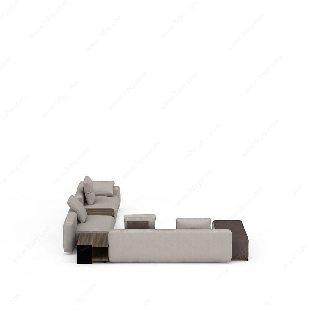 高档灰色U型布艺沙发套装3D模型