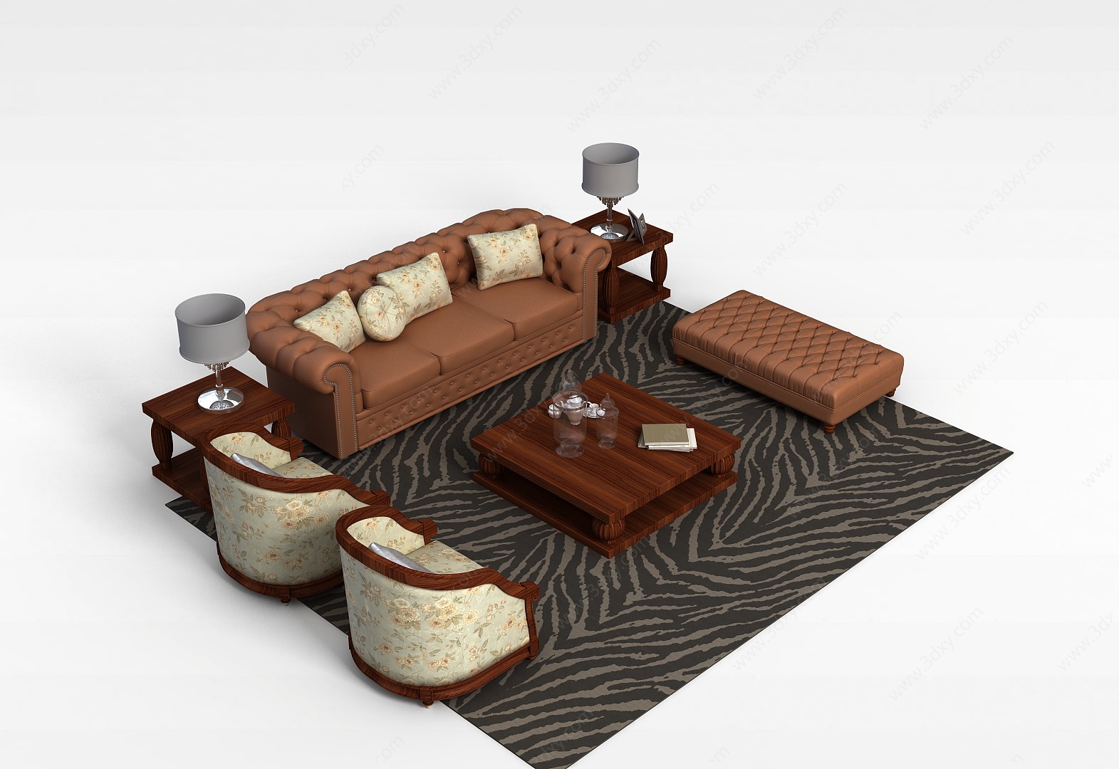 现代美式软包沙发茶几组合3D模型