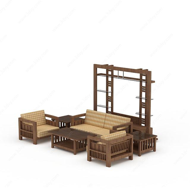 中式沙发茶几组合3D模型