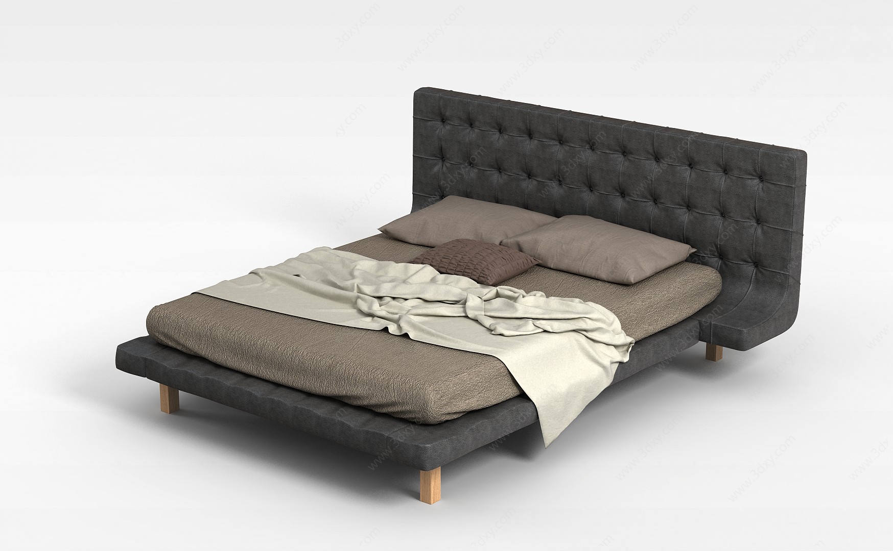 简约美式灰色软包双人床3D模型