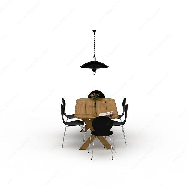 现代实木餐桌黑色餐椅套装3D模型