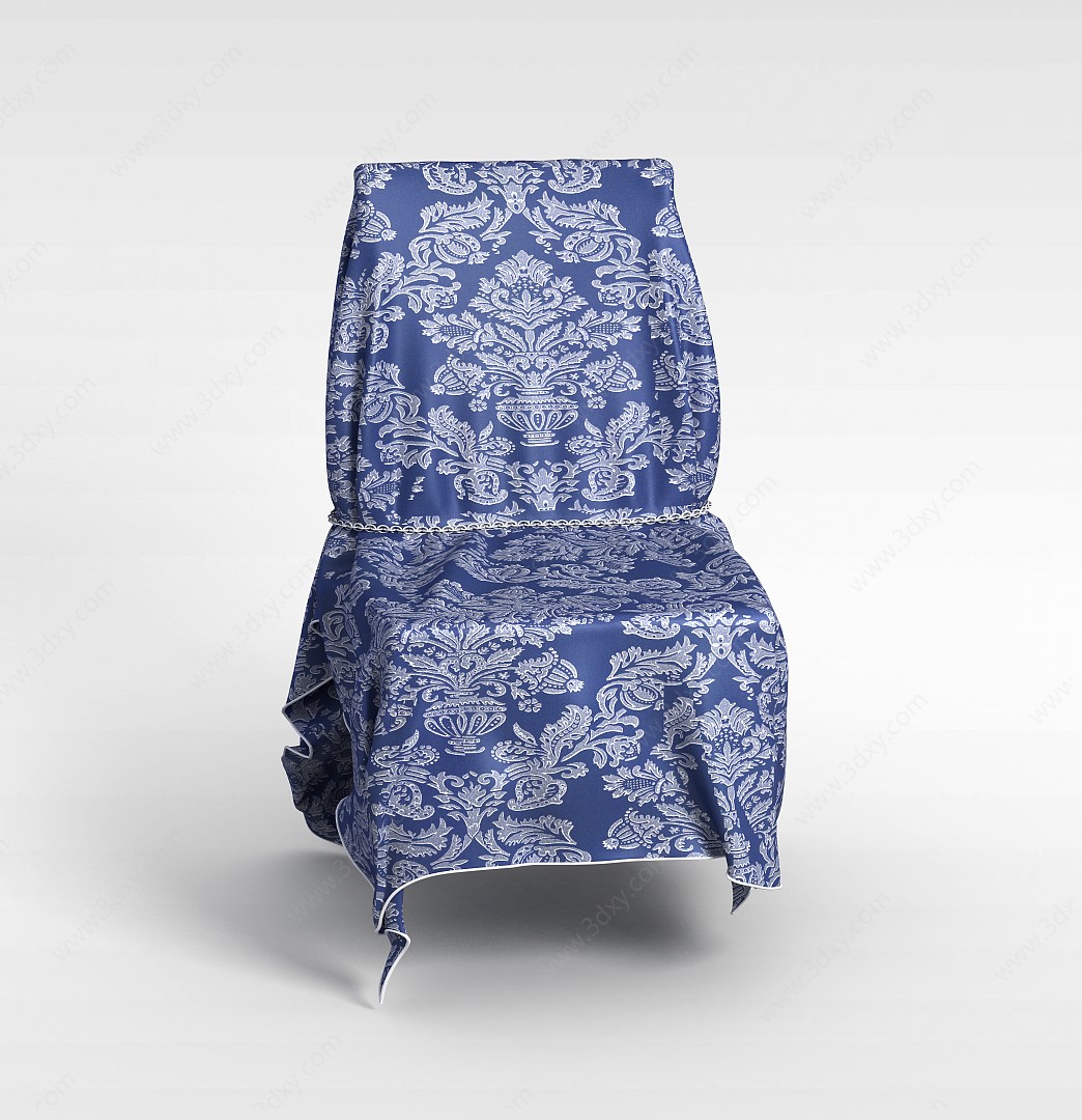 精美蓝色印花系带椅布3D模型