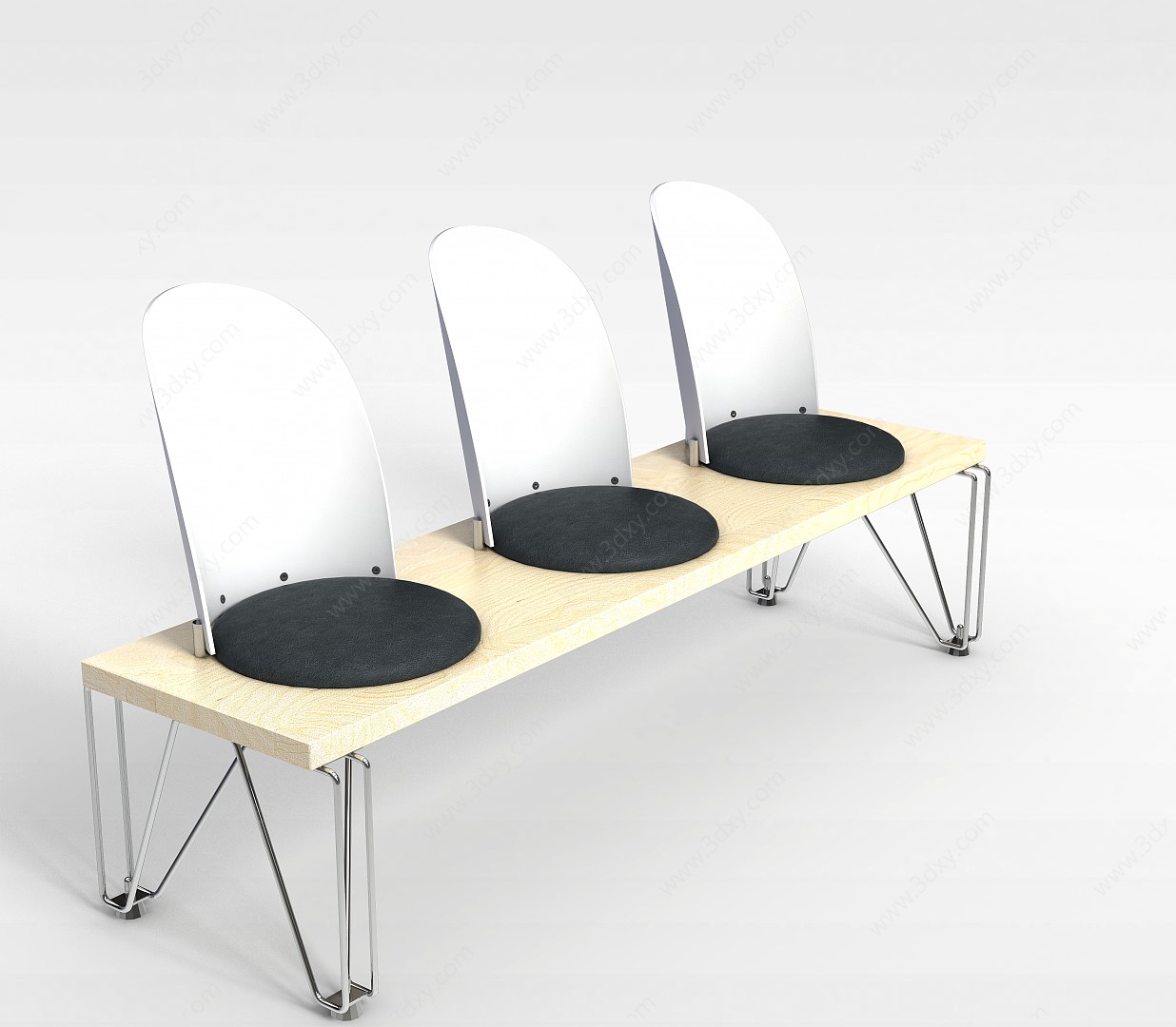 创意三人座实木长椅3D模型