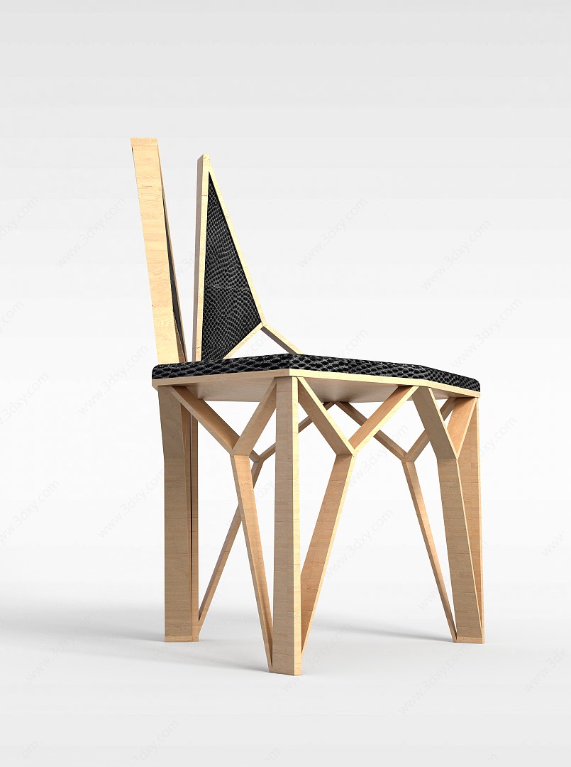 创意三脚实木黑色坐垫休闲椅子3D模型