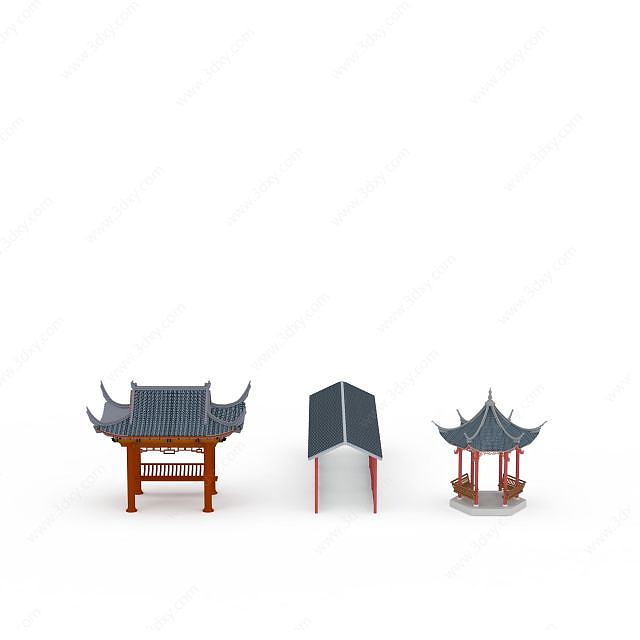 中式六角亭四角亭长廊3D模型