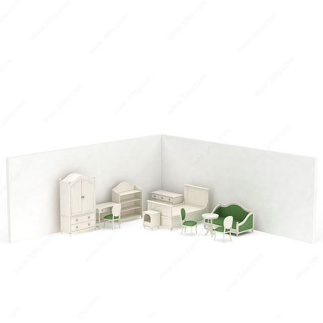 象牙白实木家具组合3D模型