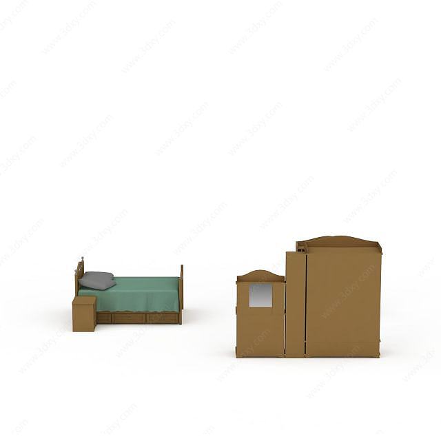 现代卧室家具床柜组合3D模型