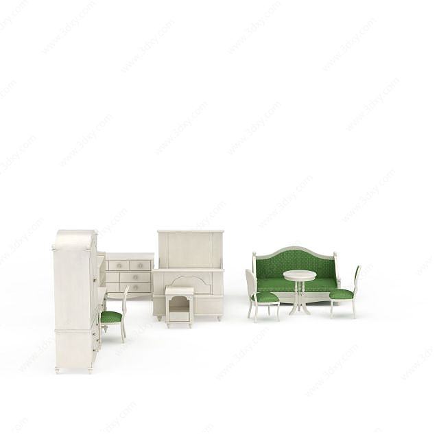 白色沙发茶几书柜床头柜组合3D模型