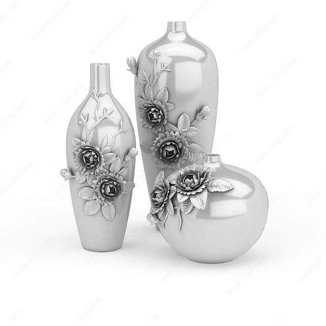 牡丹浮雕瓶装饰品摆件组合3D模型
