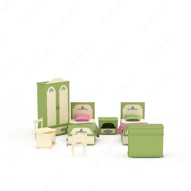 时尚绿色儿童家具床柜组合3D模型