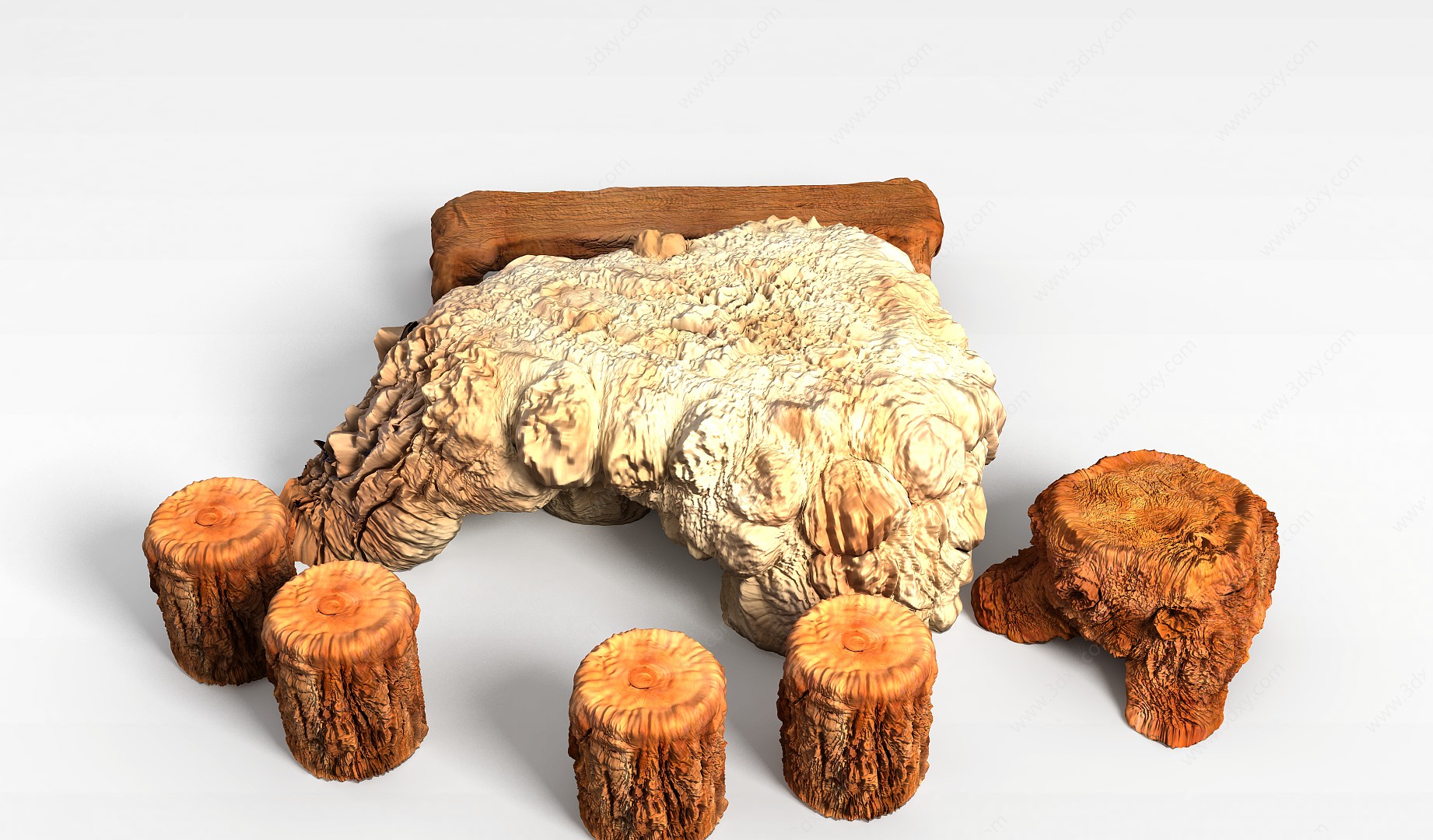 创意树雕石凳石桌组合3D模型
