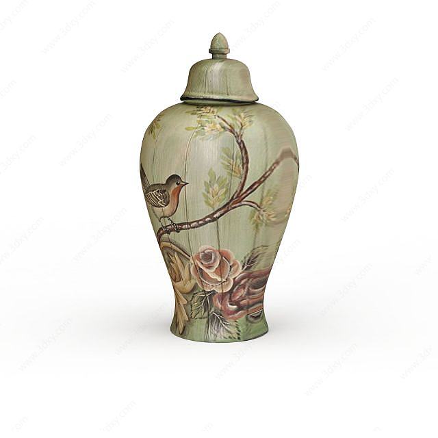 中式花鸟印花储物瓶装饰3D模型