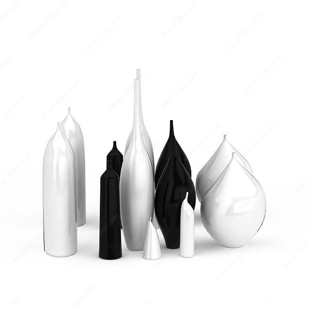 现代黑白陶瓷瓶子组合3D模型