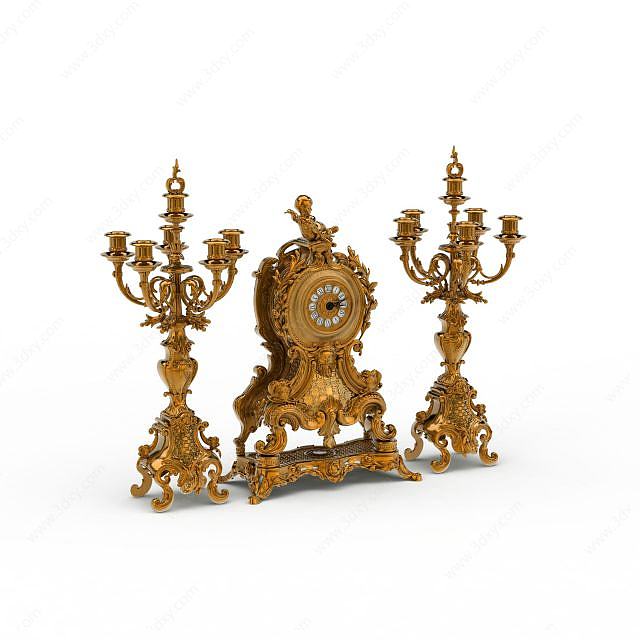 豪华欧式金色雕花座钟烛台3D模型
