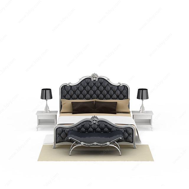 豪华灰色美式软包双人床3D模型