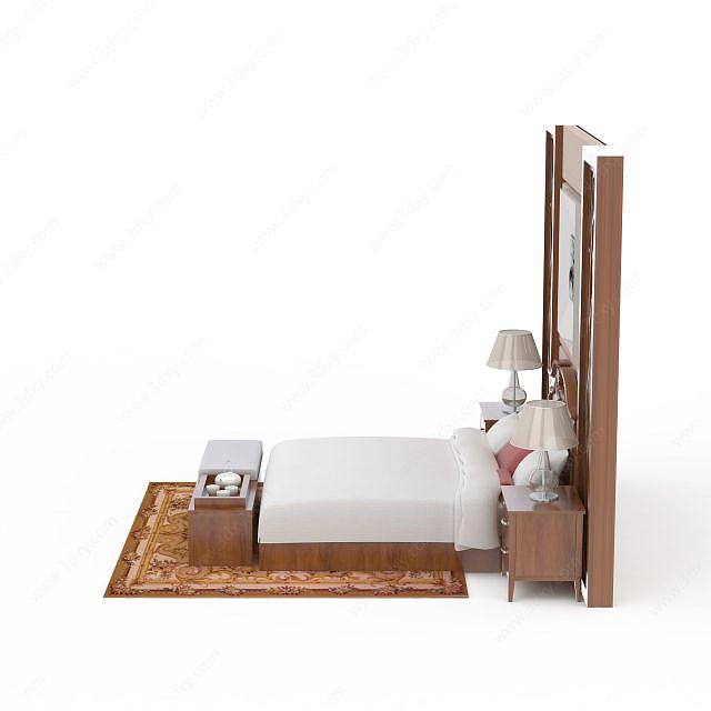 中式实木双人床柜组合3D模型