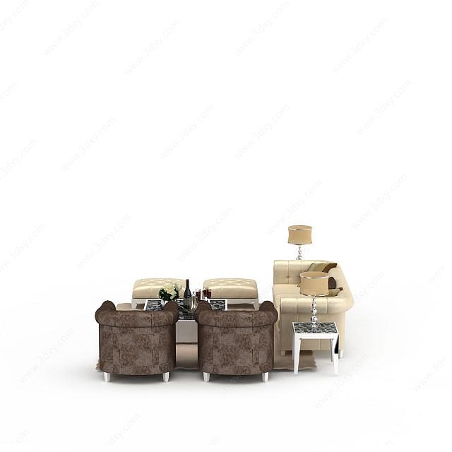 精美美式软包沙发茶几组合3D模型