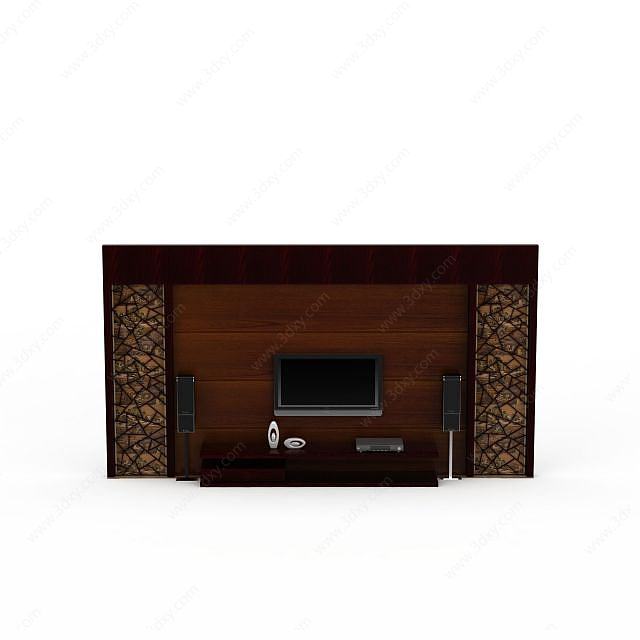 中式实木雕花电视柜背景墙3D模型