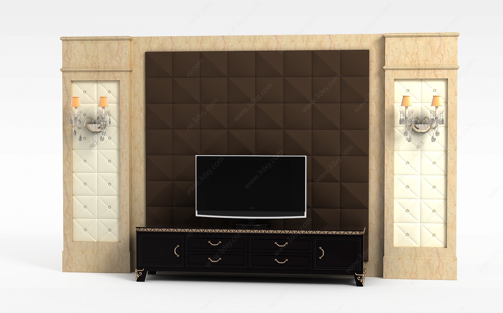 美式软包电视柜背景墙3D模型