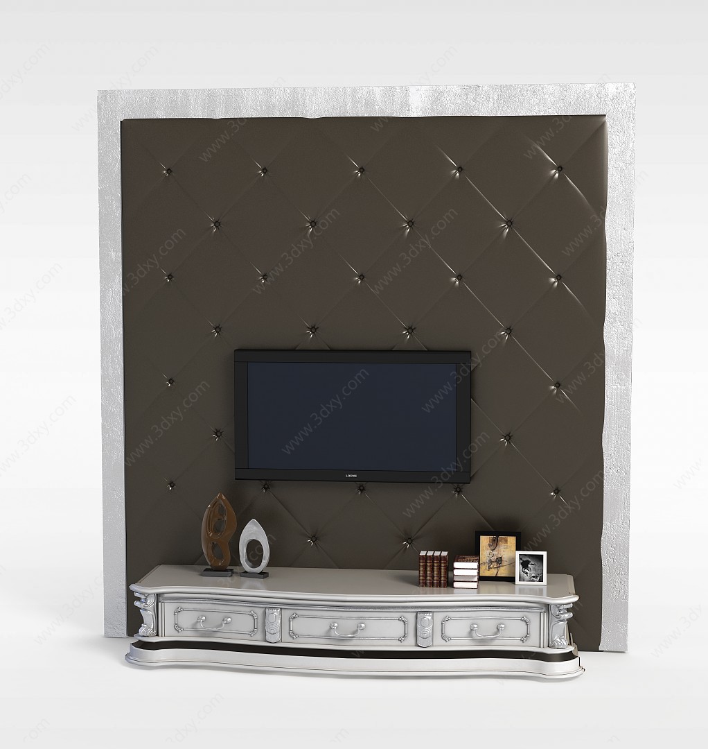 棕色美式软包电视柜背景墙3D模型