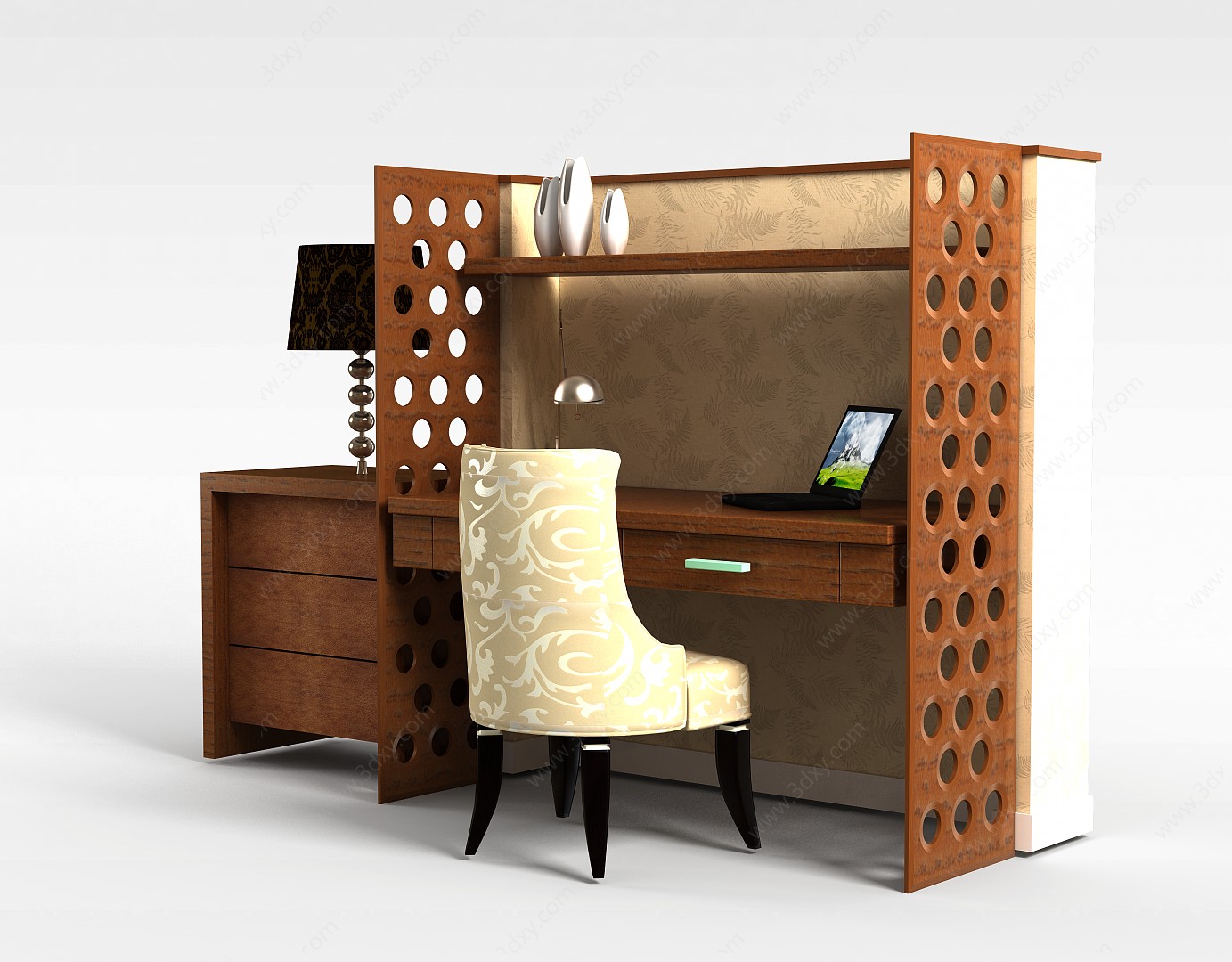 现代实木居家办公桌椅组合3D模型