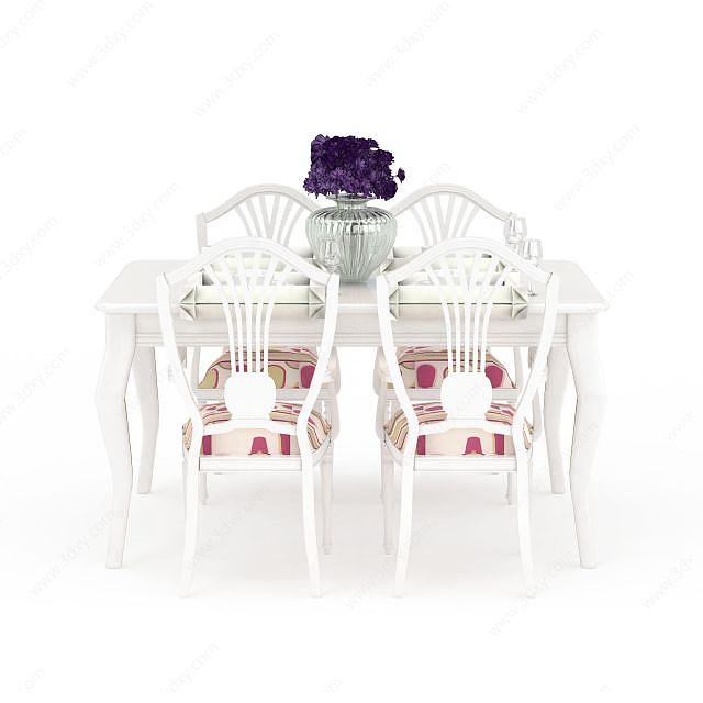 欧式白色实木餐桌餐椅组合3D模型